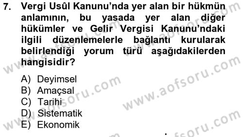 Genel Vergi Hukuku Dersi 2014 - 2015 Yılı Tek Ders Sınav Soruları 7. Soru