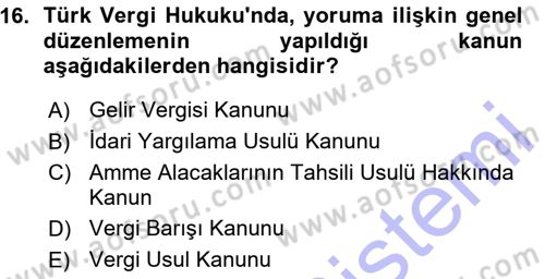 Genel Vergi Hukuku Dersi 2015 - 2016 Yılı (Vize) Ara Sınav Soruları 16. Soru