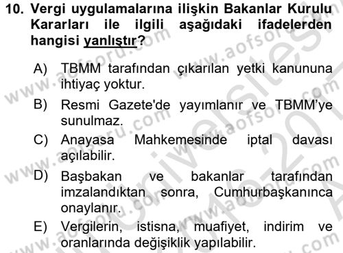 Genel Vergi Hukuku Dersi 2016 - 2017 Yılı (Vize) Ara Sınav Soruları 10. Soru