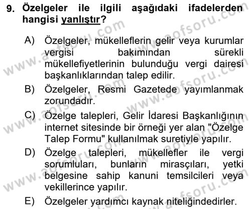 Genel Vergi Hukuku Dersi 2016 - 2017 Yılı (Vize) Ara Sınav Soruları 9. Soru