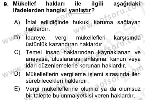 Genel Vergi Hukuku Dersi 2016 - 2017 Yılı (Final) Dönem Sonu Sınav Soruları 9. Soru