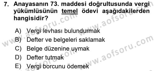 Genel Vergi Hukuku Dersi 2017 - 2018 Yılı 3 Ders Sınav Soruları 7. Soru
