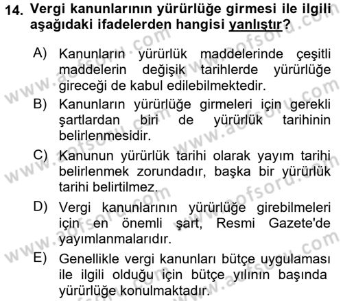 Genel Vergi Hukuku Dersi 2017 - 2018 Yılı (Vize) Ara Sınav Soruları 14. Soru