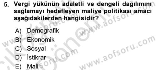 Genel Vergi Hukuku Dersi 2017 - 2018 Yılı (Vize) Ara Sınav Soruları 5. Soru