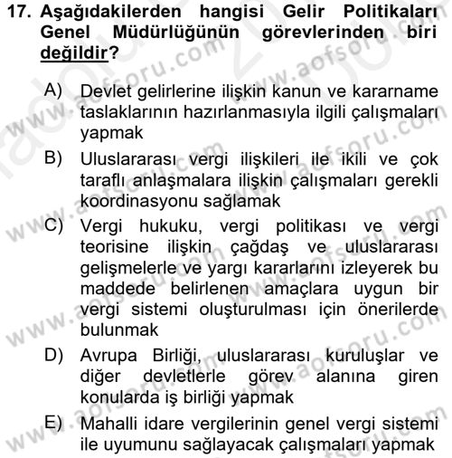 Genel Vergi Hukuku Dersi 2017 - 2018 Yılı (Final) Dönem Sonu Sınav Soruları 17. Soru