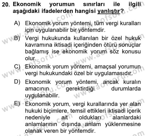 Genel Vergi Hukuku Dersi 2018 - 2019 Yılı (Vize) Ara Sınav Soruları 20. Soru