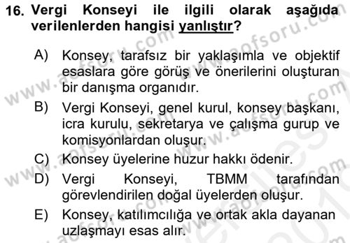 Genel Vergi Hukuku Dersi 2018 - 2019 Yılı (Final) Dönem Sonu Sınav Soruları 16. Soru