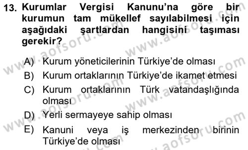 Genel Vergi Hukuku Dersi 2022 - 2023 Yılı (Vize) Ara Sınav Soruları 13. Soru