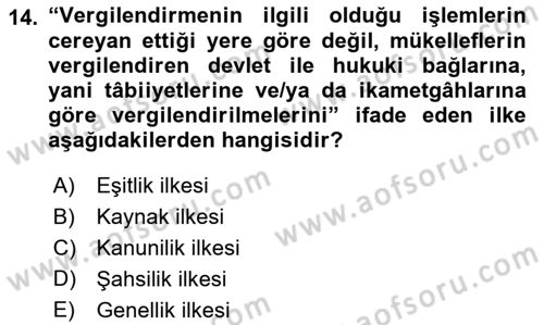 Genel Vergi Hukuku Dersi 2022 - 2023 Yılı (Vize) Ara Sınav Soruları 14. Soru