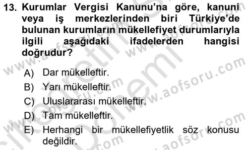 Genel Vergi Hukuku Dersi 2023 - 2024 Yılı (Vize) Ara Sınav Soruları 13. Soru