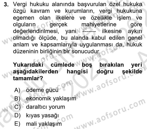 Genel Vergi Hukuku Dersi 2023 - 2024 Yılı (Vize) Ara Sınav Soruları 3. Soru