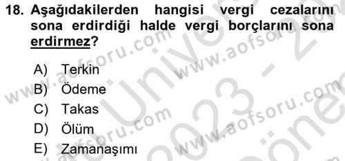 Genel Vergi Hukuku Dersi 2023 - 2024 Yılı (Final) Dönem Sonu Sınav Soruları 18. Soru