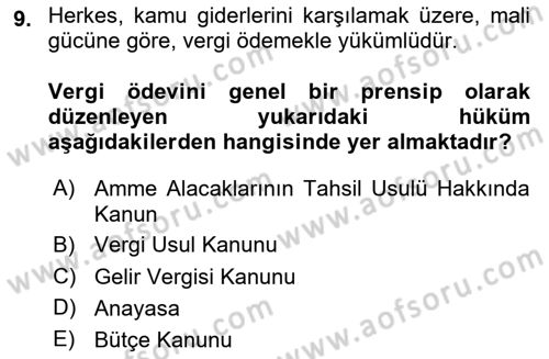 Genel Vergi Hukuku Dersi 2023 - 2024 Yılı Yaz Okulu Sınav Soruları 9. Soru