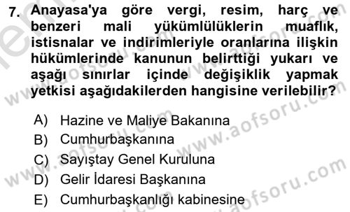 Genel Vergi Hukuku Dersi 2025 - 2026 Yılı (Vize) Ara Sınav Soruları 7. Soru
