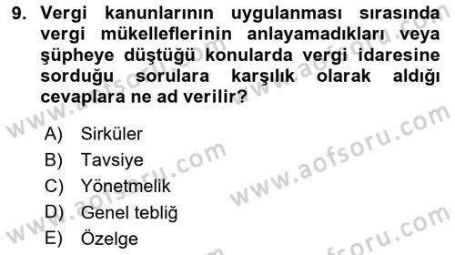 Genel Vergi Hukuku Dersi 2025 - 2026 Yılı (Vize) Ara Sınav Soruları 9. Soru