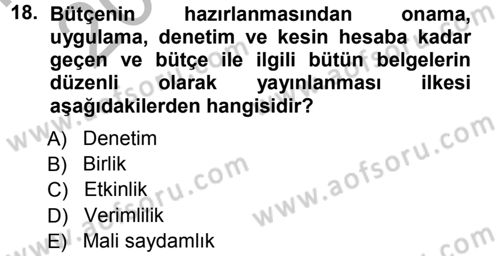 Devlet Bütçesi Dersi Ara Sınavı Deneme Sınav Soruları 18. Soru