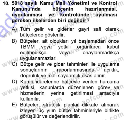 Devlet Bütçesi Dersi Ara Sınavı Deneme Sınav Soruları 10. Soru