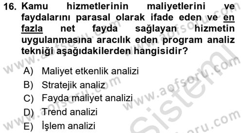 Devlet Bütçesi Dersi Ara Sınavı Deneme Sınav Soruları 16. Soru