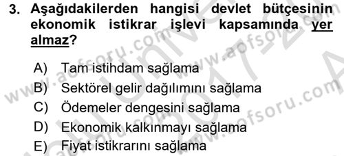 Devlet Bütçesi Dersi Ara Sınavı Deneme Sınav Soruları 3. Soru