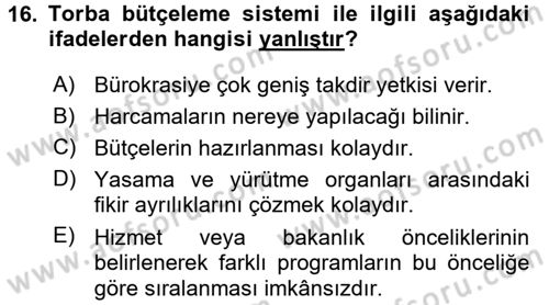 Devlet Bütçesi Dersi Ara Sınavı Deneme Sınav Soruları 16. Soru