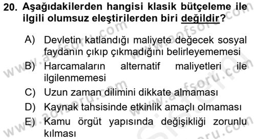 Devlet Bütçesi Dersi Ara Sınavı Deneme Sınav Soruları 20. Soru