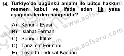 Devlet Bütçesi Dersi Ara Sınavı Deneme Sınav Soruları 14. Soru