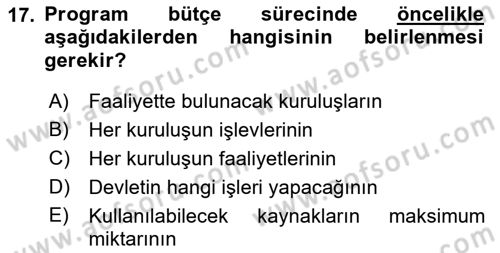 Devlet Bütçesi Dersi Ara Sınavı Deneme Sınav Soruları 17. Soru