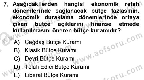 Devlet Bütçesi Dersi Ara Sınavı Deneme Sınav Soruları 7. Soru
