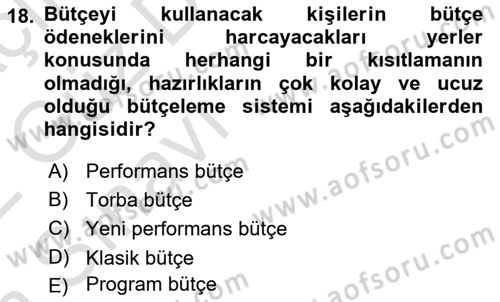 Devlet Bütçesi Dersi Ara Sınavı Deneme Sınav Soruları 18. Soru