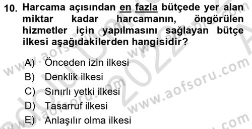 Devlet Bütçesi Dersi Ara Sınavı Deneme Sınav Soruları 10. Soru