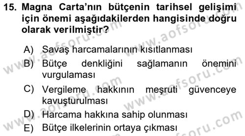 Devlet Bütçesi Dersi Ara Sınavı Deneme Sınav Soruları 15. Soru