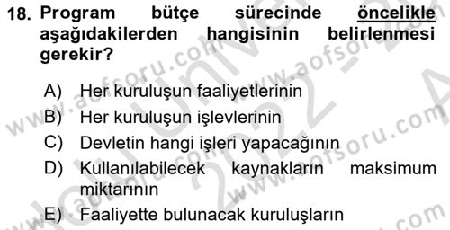 Devlet Bütçesi Dersi 2022 - 2023 Yılı (Vize) Ara Sınav Soruları 18. Soru