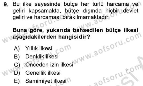 Devlet Bütçesi Dersi Ara Sınavı Deneme Sınav Soruları 9. Soru
