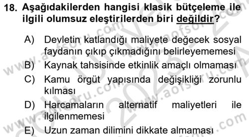 Devlet Bütçesi Dersi 2023 - 2024 Yılı (Vize) Ara Sınav Soruları 18. Soru