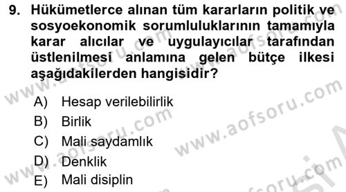 Devlet Bütçesi Dersi 2023 - 2024 Yılı (Vize) Ara Sınav Soruları 9. Soru
