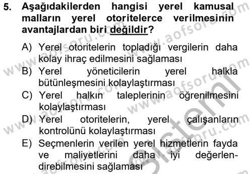 Mahalli İdareler Maliyesi Dersi 2012 - 2013 Yılı (Vize) Ara Sınav Soruları 5. Soru