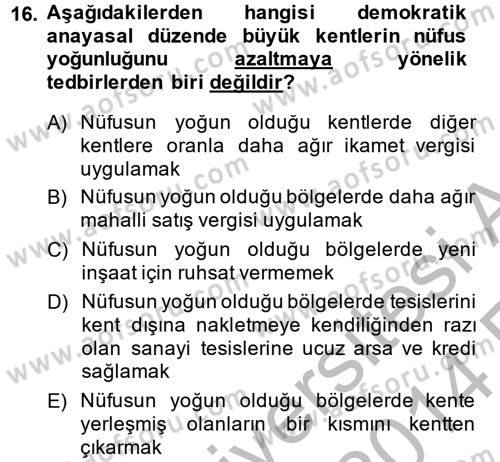 Mahalli İdareler Maliyesi Dersi 2013 - 2014 Yılı (Vize) Ara Sınav Soruları 16. Soru