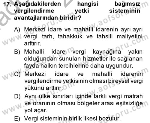 Mahalli İdareler Maliyesi Dersi 2013 - 2014 Yılı (Vize) Ara Sınav Soruları 17. Soru