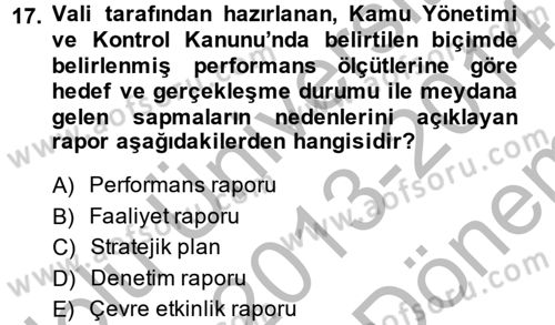 Mahalli İdareler Maliyesi Dersi 2013 - 2014 Yılı (Final) Dönem Sonu Sınav Soruları 17. Soru