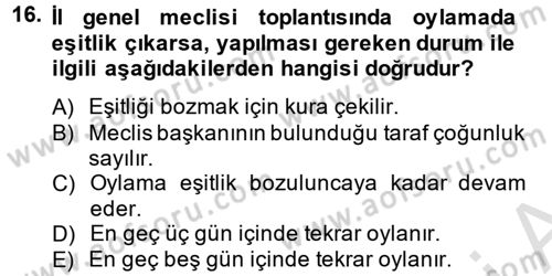 Mahalli İdareler Maliyesi Dersi 2013 - 2014 Yılı Tek Ders Sınav Soruları 16. Soru