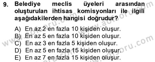 Mahalli İdareler Maliyesi Dersi 2013 - 2014 Yılı Tek Ders Sınav Soruları 9. Soru