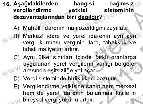 Mahalli İdareler Maliyesi Dersi 2014 - 2015 Yılı (Vize) Ara Sınav Soruları 16. Soru