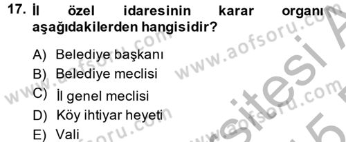 Mahalli İdareler Maliyesi Dersi 2014 - 2015 Yılı (Final) Dönem Sonu Sınav Soruları 17. Soru