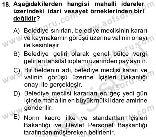 Mahalli İdareler Maliyesi Dersi 2014 - 2015 Yılı Tek Ders Sınav Soruları 18. Soru