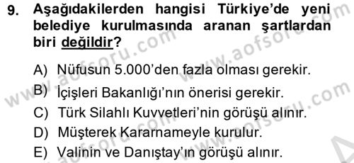 Mahalli İdareler Maliyesi Dersi 2014 - 2015 Yılı Tek Ders Sınav Soruları 9. Soru