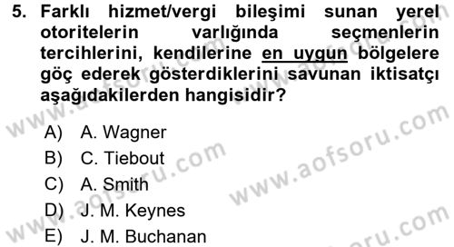 Mahalli İdareler Maliyesi Dersi 2015 - 2016 Yılı (Vize) Ara Sınavı 5. Soru