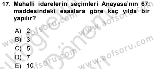 Mahalli İdareler Maliyesi Dersi 2015 - 2016 Yılı (Final) Dönem Sonu Sınav Soruları 17. Soru