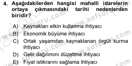 Mahalli İdareler Maliyesi Dersi 2015 - 2016 Yılı Tek Ders Sınav Soruları 4. Soru