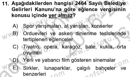 Mahalli İdareler Maliyesi Dersi 2016 - 2017 Yılı 3 Ders Sınav Soruları 11. Soru