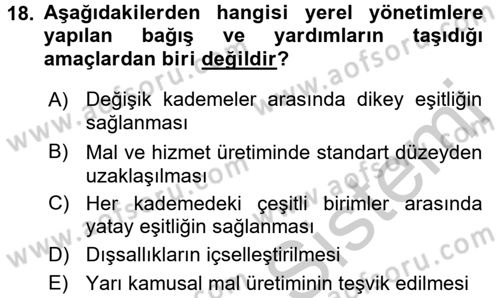 Mahalli İdareler Maliyesi Dersi 2016 - 2017 Yılı (Vize) Ara Sınav Soruları 18. Soru